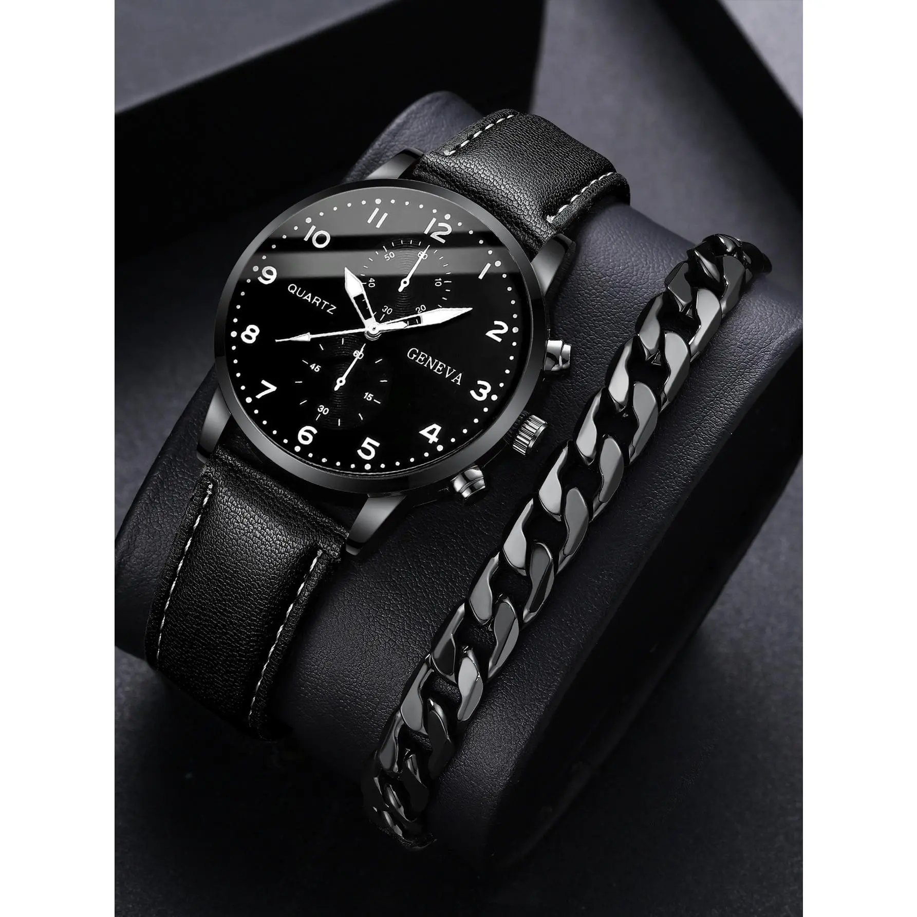 2pcs/Set Men's Fashionable Casual Numerical Scale Dial With Calendar Quartz Wristwatch And Leather Bracelet As A Gift For Students Returning To School