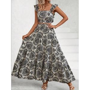 Women's Ethnic Pattern Ruched High Waist A-Line Skirt Set, Slim Fit Summer Outfit, Elegant Bohemian Style Short Top and Ruffled Hem Long Skirt Suitable for Summer Vacation Beach, Women's Set, Slim Fit Women's Clothing Womenswear Gamis spotl 2  pcs