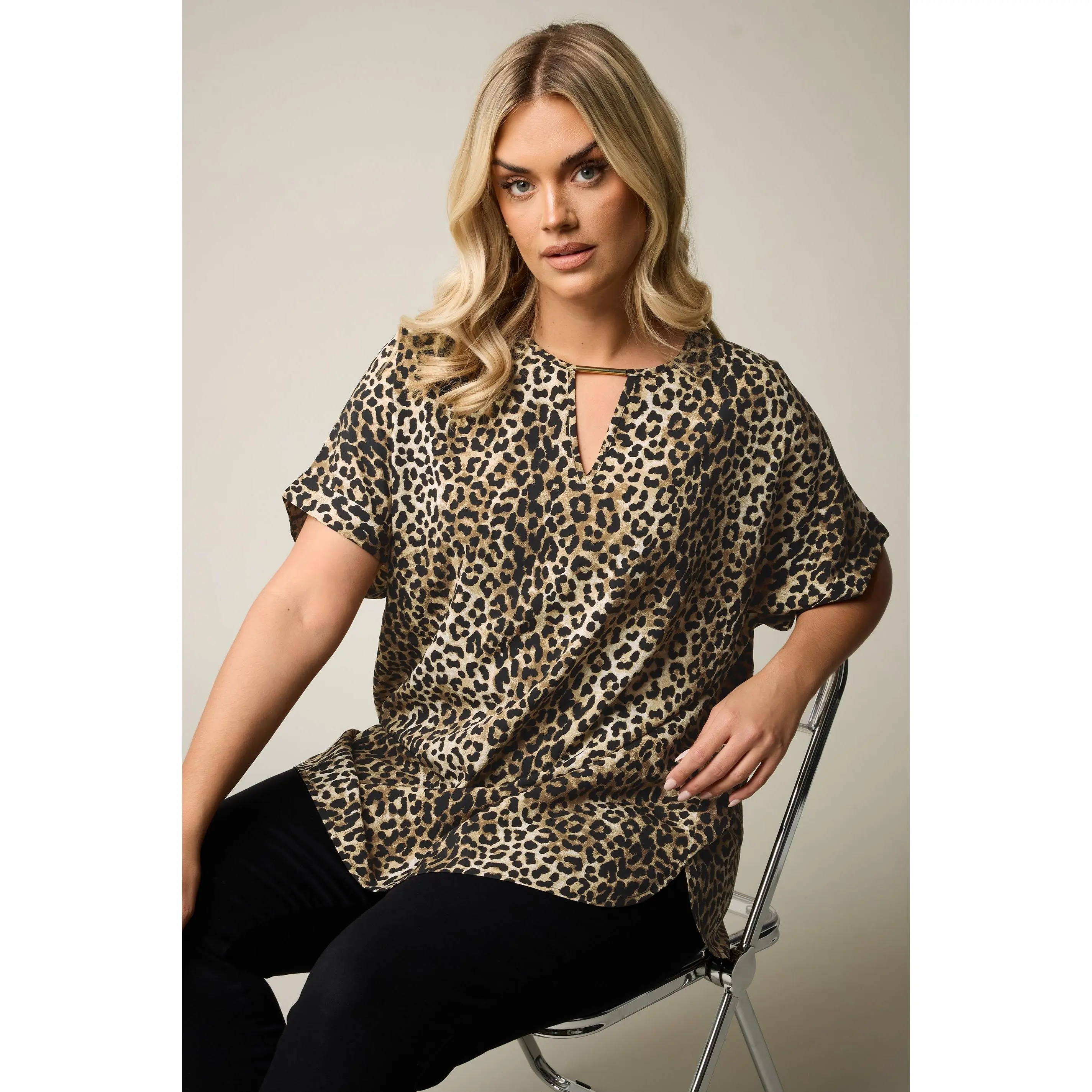 YOURS Curve Brown Leopard Print Metal Trim Blouse