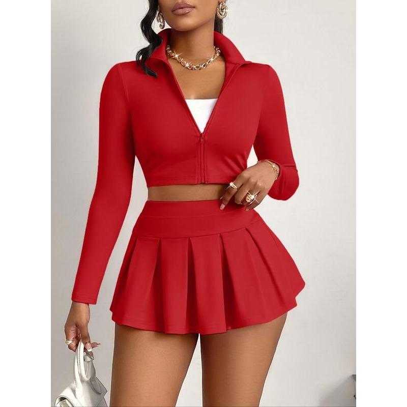Women's Solid Zip Up Crop Jacket & High Waist Skirt Two-piece Set, Casual Fashion Cozy Two Piece Outfits for Daily Outdoor Wear, Women Clothes for Spring Fall 1