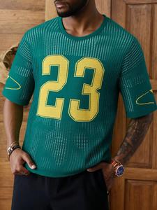 Men's Number Print Breathable Hole Design Short Sleeve Tee, Regular Fit Casual Round Neck T-shirt for Summer, Men's Top for Daily Wear