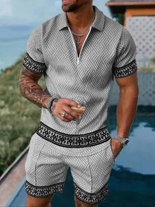 Men's Colorblock Print Short Sleeve Tee & Shorts Two-piece Set, Regular Fit Casual Round Neck T-shirt & Shorts, Men's Summer Clothes, Menswear