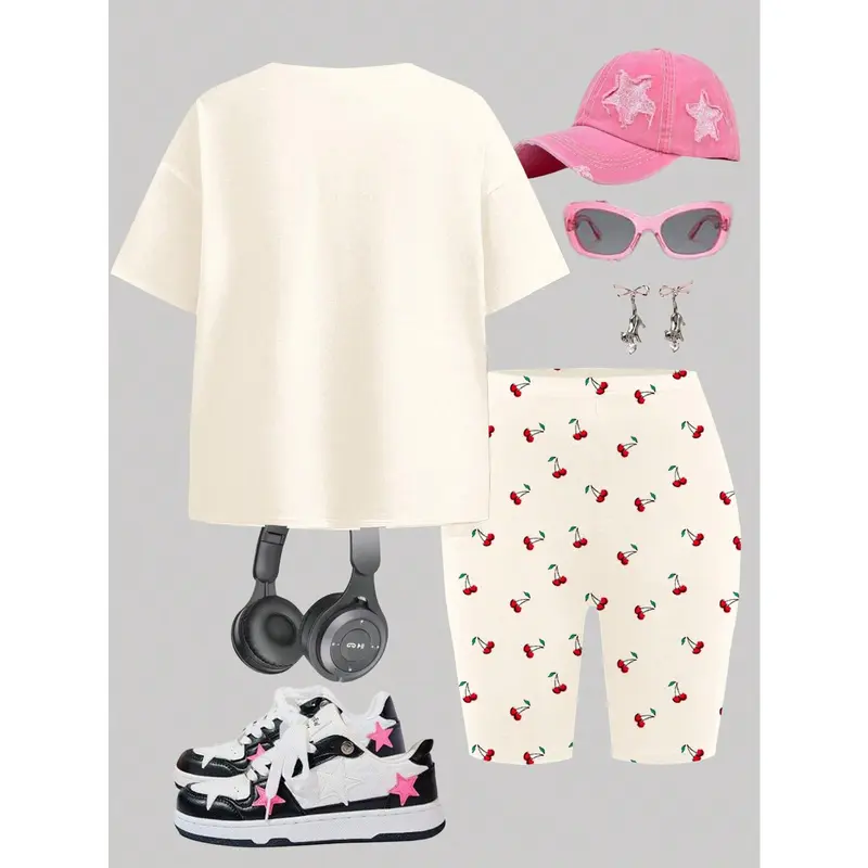 2pcs/Set Vintage Cherry Pattern Teen Girl Casual Loose Short Sleeve T-Shirt And Shorts Set, Suitable For Summer 1