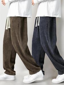 Men's Solid Drawstring Waist Corduroy Pants, Casual Comfy Straight Leg Trousers for Fall & Winter, Men's Bottoms for Daily Wear