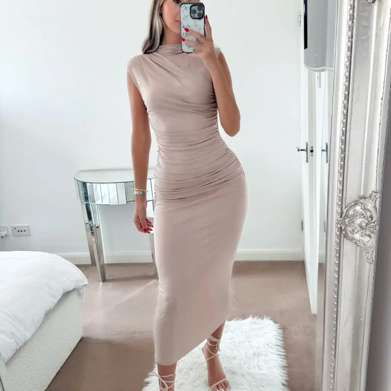 ‘Tori’ Taupe Ruched bodycon dress 2