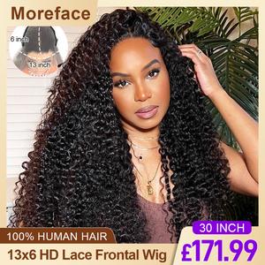 MOREFACE BEAUTY HD 13x6 Lace Front Wigs Human Hair Deep Wave Wig Human Hair Wigs 30 inch Curly Wave Transparent Lace Frontal Wigs for Women 180% Density Pre Plucked with Baby Hair Free Samples uk 100% Human Hair Free Shipping to uk