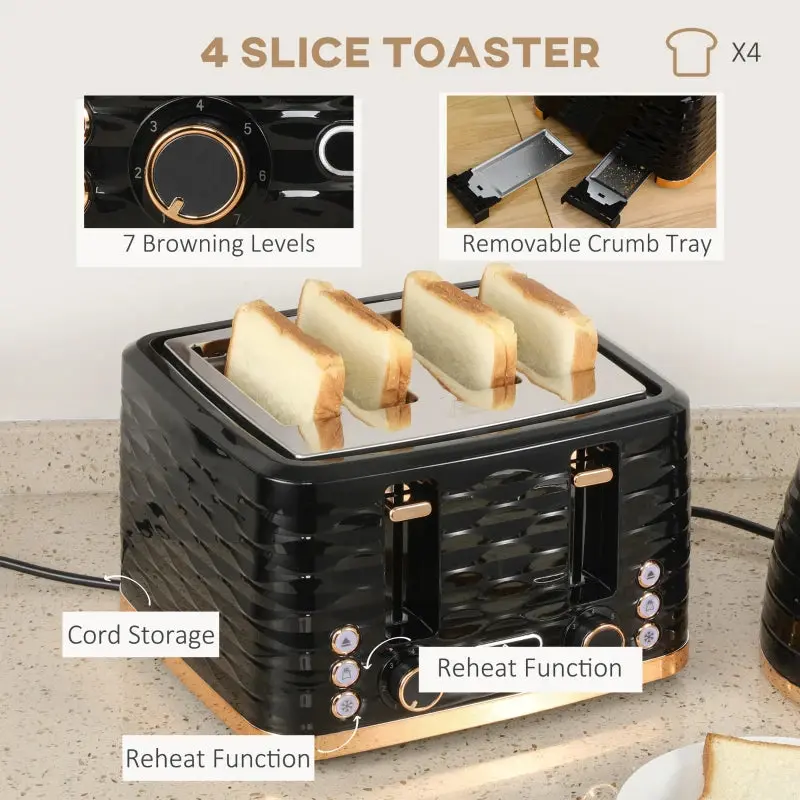 Kettle (1.7L) and Toaster Set with 7 Browning Controls and Crumb Tray (4 Slice) - Black / Gold 6