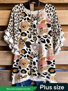 【Plus Size】 Floral & Leopard Print Frill Trim Tee, Casual Fashion Classy Elegant Round Neck T-shirt for Summer, Women's Plus Clothing for Daily Wear, Vintage Girly Clothes