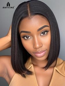 A Anytime 2*6 Lace Brazilian Hair Double Bob High Density 250% Real Hair Front Bangs Hd High Definition Hand Hook Shoulder Length Real Color Headpiece for Women, Natural Looking Wigs, Lace Closure Wigs