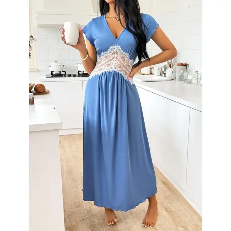 Women's Plain Contrast Lace Sheer Butterfly Sleeve Nightdress, Elegant Lettuce Trim V Neck Cap Sleeve Nightgown, Soft Comfy Sleepwear for Women 0