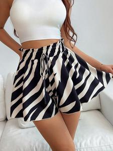 Women's All Over Print Frill Trim Tie Front Skort, Casual Elastic Waist Skort for Daily Wear, Ladies Bottoms for All Seasons