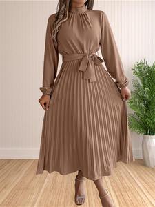 Women's Solid Belted Pleated A Line Dress, Elegant Bishop Sleeve Mock Neck Dress for Fall & Winter, Women's Modest Clothing for Daily Wear, Night Out Dresses, Long Dresses, Dresses for Women, Womenswear