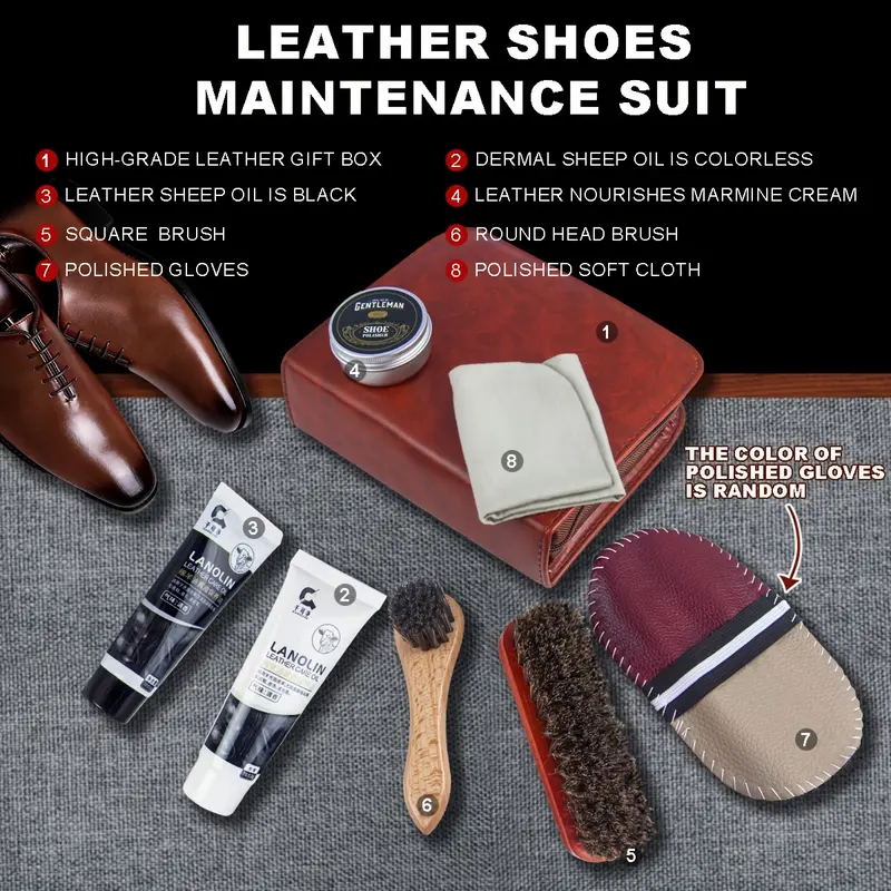 8pcs Brown Faux Leather Pu Shoe Care Kit with Brush - Includes Polish & Accessories for Boots The color of Shoe cloth is random 4