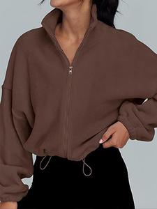 Sporty Women's Solid Color Drawstring Zip Up Sports Jacket, Sport Stand Collar Drop Shoulder Outerwear for Fall & Winter, Ladies Sportswear for Indoor Outdoor Wear, Winter Coats