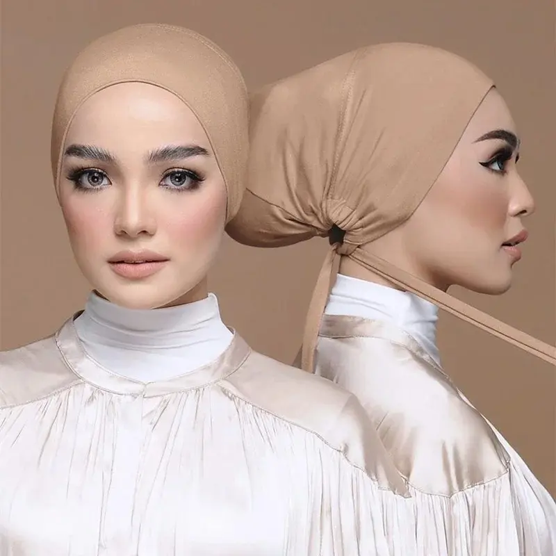 Muslim Women's Stretchable Underscarf Bonnet Turban Hat with Inner Hijab Cap in Black/Beige