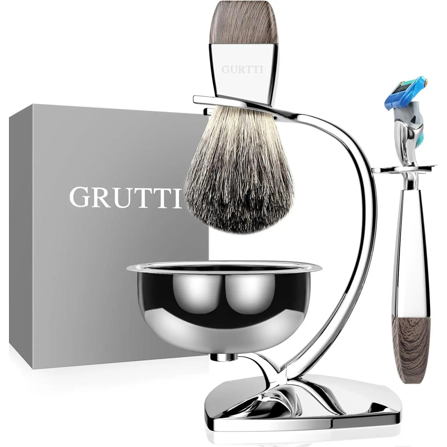 GRUTTI Shaving Brush Kit for Men, 4 in 1 Razor and Brush Stand with Shaving Soap Bowl & Badger Hair Shaving Brush Safety Razor Compatible with Fusion 5, Traditional Wet Close Shaving Kit