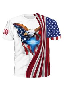 Men's Regular Fit Eagle & Cross & American Flag Print Round Neck Tee, Casual Comfy Short Sleeve T-shirt for Daily Wear, Men's Summer Clothes