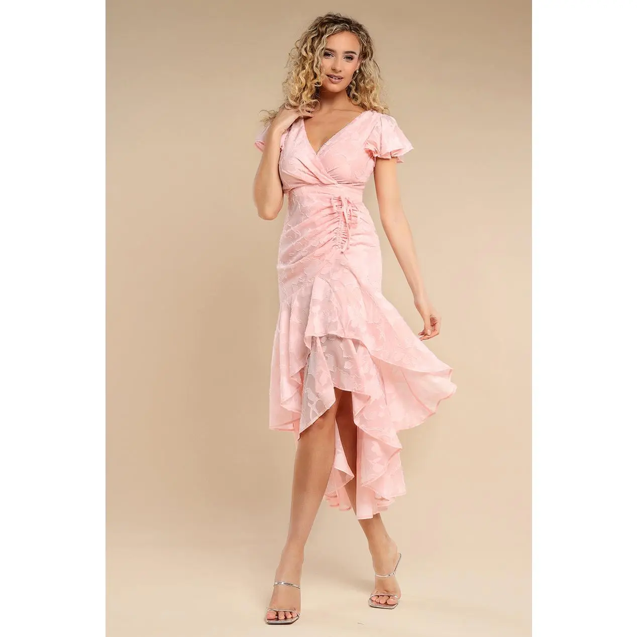 Goddiva Jacquard Chiffon Wrap High Low Midaxi Dress - Pink