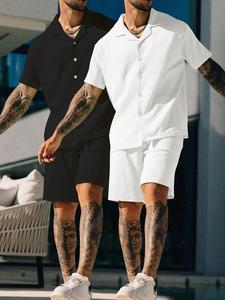 Men's Solid Short Sleeve Button Up Shirt & Shorts Set, Loose Casual Summer Outfits Set for Beach Vacation, Men's Clothes