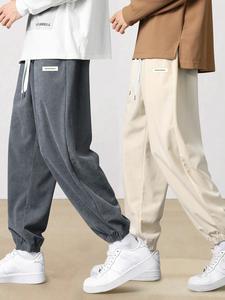 Men's Letter Patched Drawstring Waist Corduroy Pants, Casual Comfy Pocket Jogger Pants for Fall & Winter, Men's Trousers for Daily Wear