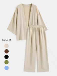 Women's Kimono Sleeve Blouse & Elastic Waist Pants Set, Casual Long Sleeve Top & Trousers Sets, Women's Co-ord Sets for Spring & Fall Outfit