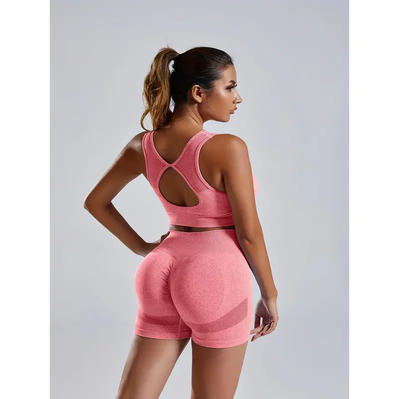 Women'S Seamless Sports Yoga Set, Summer New High Stretch Knit Fabric, Solid Color Polyamide 90% Elastane 10%, Short Length Fitness Gym Wear with Backless Bra and Butt Lifting Yoga Pants 2