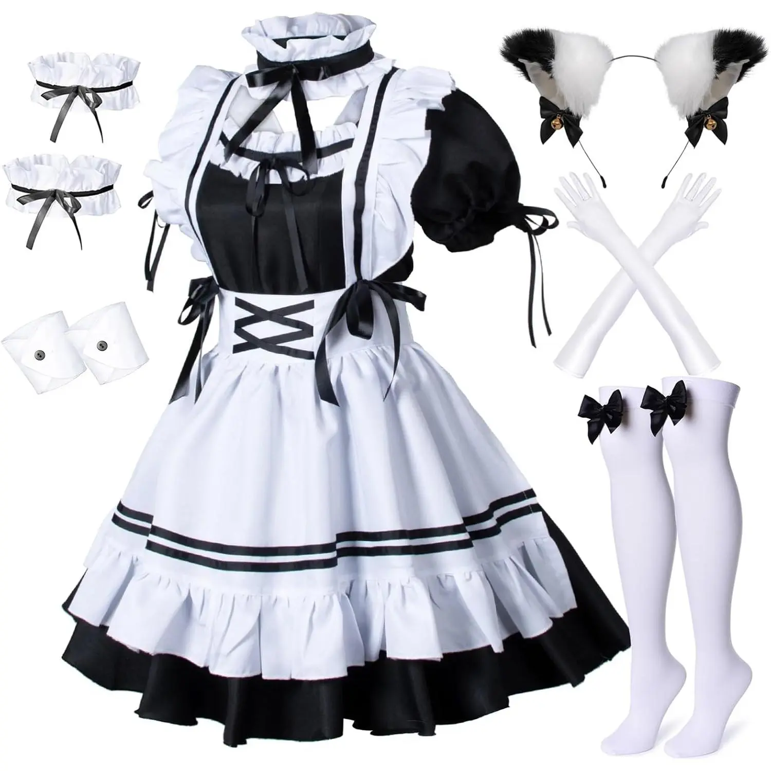 Anime French Maid Lolita Fancy Queen Princess Dress Cosplay Costume Furry Cat Ear Gloves Socks set Outfit Satin
