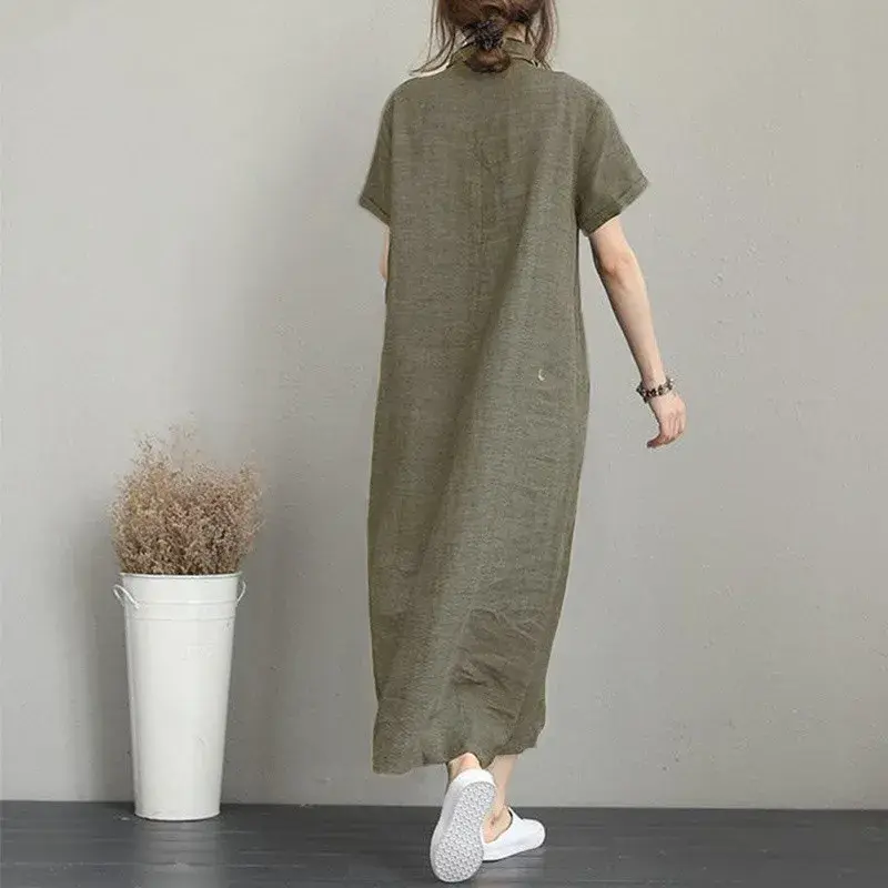 Cross-Border Joy Women's Summer New Short Sleeve Loose-Fit Pocket Solid Color Cotton Linen Lapel Casual Dress 4
