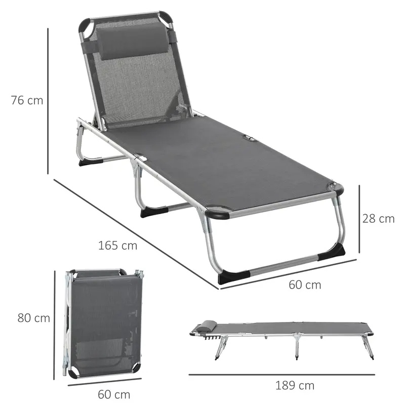 Outsunny Foldable Outdoor Sun Lounger, Reclining Lounge Chair Camping Bed Cot with Pillow 4-Level Adjustable Back Aluminium Frame, Dark Grey 2