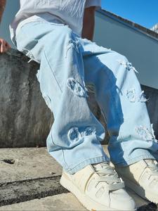 Men's Fashionable Ripped Design Jeans, Casual Comfy Loose Straight Leg Pants for Daily Wear, Woven Bottoms for All Seasons, Cotton