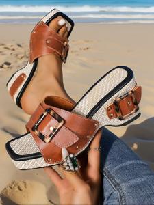 Women's Fashionable Adjustable Strap Platform Sandals, Casual Comfortable Sandals for Beach & Camping, Perfect for Summer Vacation & Outdoor Activities, Footwear, Boho Style Slides