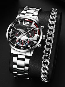 Men's Classic Business Alloy Strap Round Toe Digital Hands Quartz Watch, and Link Bracelet Set As Eid Gift Hampers for Boyfriend Gifts, without Box