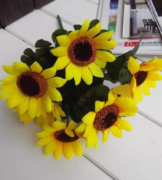1 Bouquet 7 Heads Artificial 7CM Sunflowers Flower Floral Posy Home Garden Decor 3