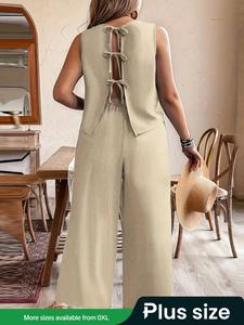 【Plus Size】 Solid Color Tie Back Tank Top & Wide Leg Pants Set, Casual Sleeveless Top & Pants for Daily Wear, Women's Two-piece Set for All Seasons, Clothes