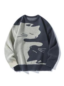 Men's Cartoon Cat Print Drop Shoulder Sweater, Regular Fit Casual Long Sleeve Round Neck Jumper for Fall & Winter, Fashion Men's Knitwear for Daily Wear