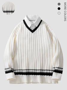 Men's 2 in 1 Contrast Binding Sweater, Casual Long Sleeve Collared Jumper for Fall & Winter, Men's Clothes for Daily Wear