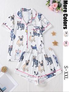 Two-Piece Set Women's Cartoon Dog Print Crop Top & Elastic Waist Shorts Pyjama, Casual Comfy Short Sleeve Top & Shorts PJ Set, Ladies Summer Sleepwear Pajama Set