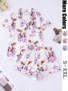 Women's Cow ＆ Floral Print Shirt & Elastic Waist Shorts Pyjama Two-piece Set, Casual Comfy Short Sleeve Top & Shorts PJ Set, Ladies Sleepwear for All Seasons