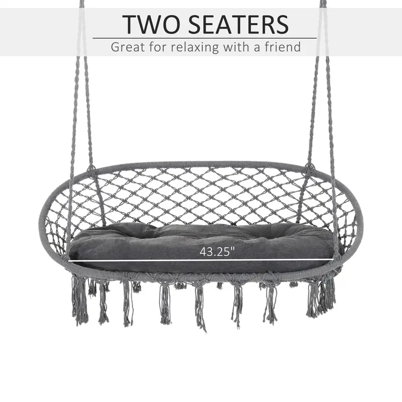Outsunny Two-Seater Boho Macrame Hammock Swing - Grey 3