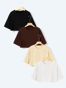Women's Round Neck Crop Tee, Summer Clothes Women, Loose Fabric Casual Summer Style Minimalist Half Sleeve T-shirt, Women's Top for Daily Wear, Clothing, Womenswear, Lady Tshirt, Streetwear