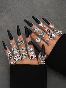 Punk Gothic Style Halloween Themed Ring Set, 24pcs/set Fashionable Skull & Spider Design Dark Aesthetic Rings for Women & Men, Trendy All-match & Exquisite Jewelry for Birthday Gift