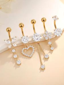 Rhinestone Decor Belly Button Ring, Cute Butterfly Flower & Love Heart Charm Belly Ring, Body Jewellery for Women & Girls Valentine's Day Gift