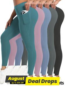 Women's Solid Color High Waist Sports Leggings, High Stretch Tight-fitting Minimalist Breathable Comfortable Pocket Skinny Pants, Womenswear, Leggings Pockets, Yoga Leggings Pants, Yoga Clothes Set, Stylish Breathable Activewear Bottoms