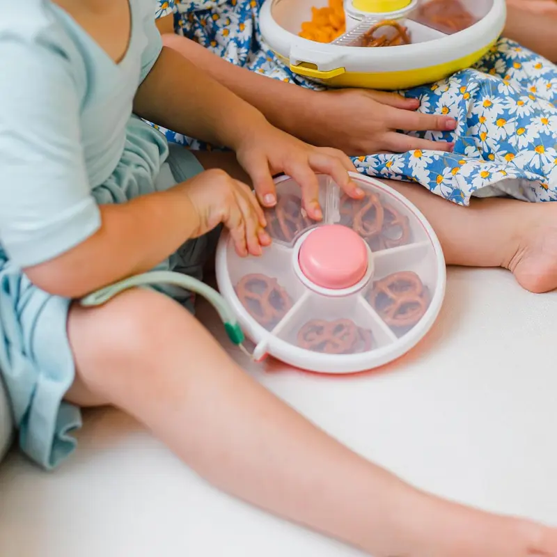 snack drawer GoBe Kids Snack Spinner Bundle with Hand Strap and Sticker Sheet - Reusable Snack Container with 5 Compartment Dispenser and Lid | BPA and PVC Free | Dishwasher Safe | No Spill, Leakproof 6