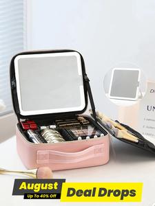 Portable Makeup Bag with 3-Color LED Detachable Mirror 2000mAh USB Rechargeable Waterproof PU Leather Organizer Compact Travel Cosmetic Pouch