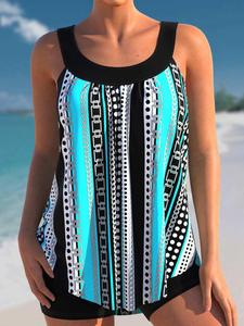 【Plus Size】Two-piece Set Women's Striped Print Tankini Set, Chic Scoop Neck Swim Top & Swim Bottom, Summer Bathing Suits, Curve Tummy Control Swimwear, Sea Fancy Swimsuits