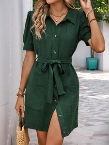 Women's Solid Color Short Sleeve Belted Shirt Dress, Casual Elegant Collared Dress for Summer, Ladies Clothes for Daily Wear