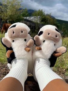 Women's Cute Cozy Fuzzy Plush Cow Slippers, Matching Soft Comfortable Fluffy House Slippers, Warm Slippers for Indoor & Outdoor Use for 2023 Fall & Winter