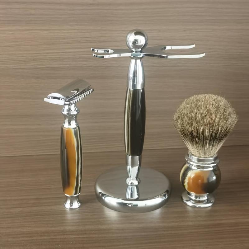 Good Oasis  A Pack of 3 Premium Shaving Items: Razor, Badger Hair Brush, and Metal Stand. Great for Flawless Beard and Mustache Grooming, Enabling Sleek Shaving and a Smooth Finish to Enhance Your Beard Styling Game. 6