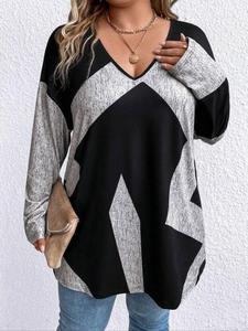 【Plus Size】 Colorblock Long Sleeve Tee, Casual V Neck T-shirt for Spring & Fall, Women's Plus Clothing for Daily Wear